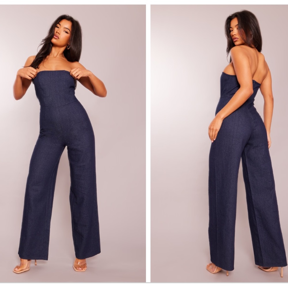 Blue Twill Bandeau Wide Leg Jumpsuit